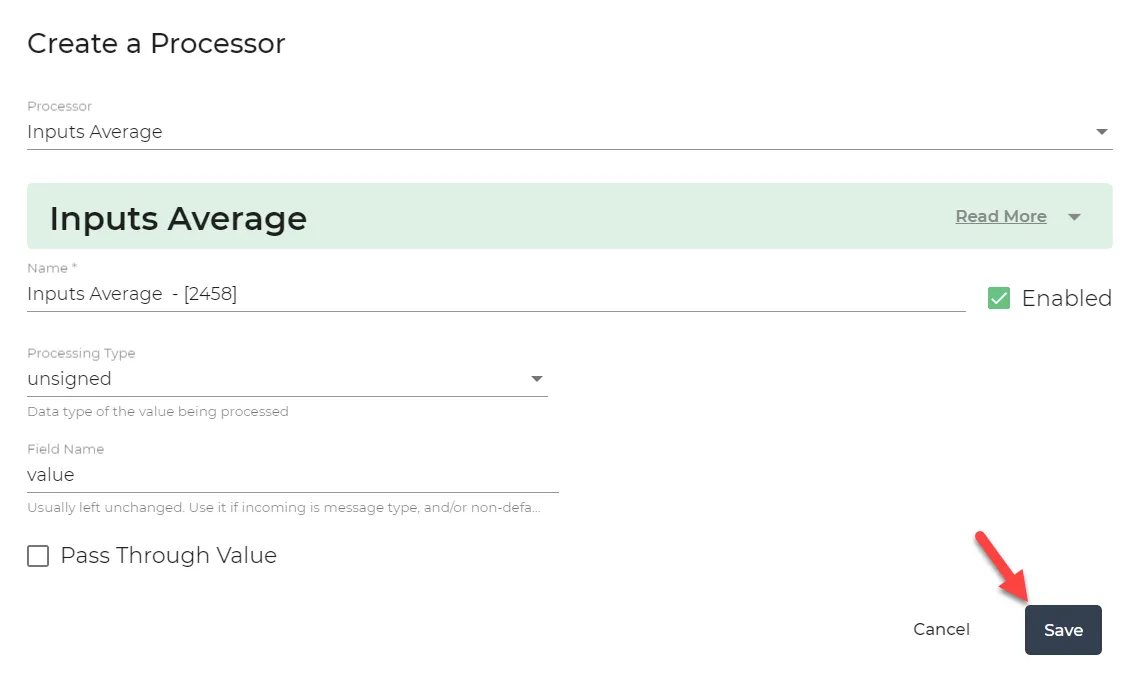 Inputs Average dialog box