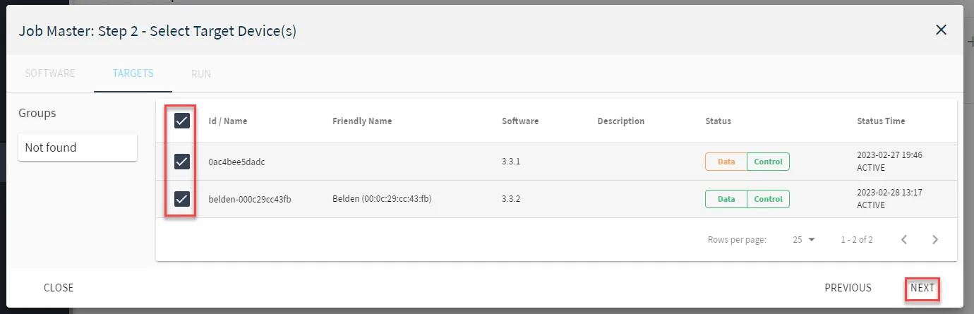 Software Update Job UI : Step 3 Select Target Device(s)