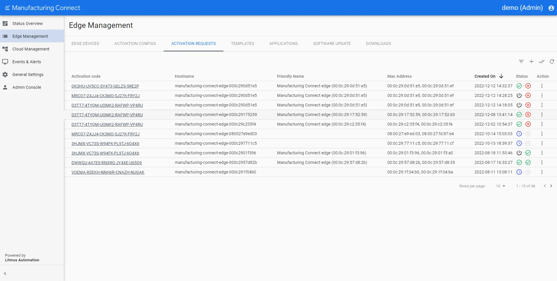 Manufacturing Connect User UI : Activation Requests