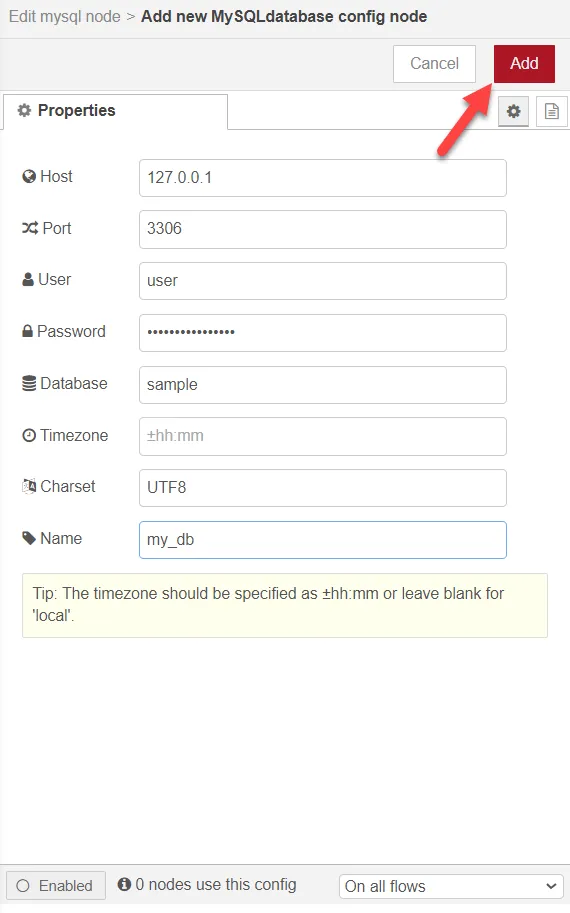 Edit mysql node dialog box Edit mysql node dialog box