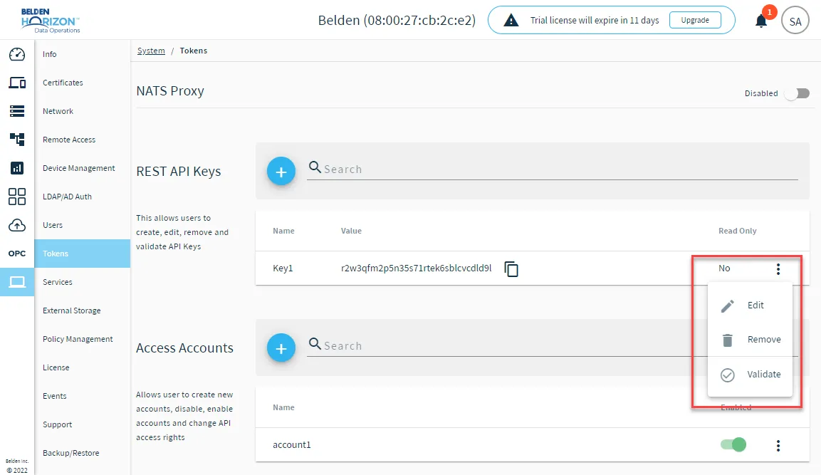 Action menu options for tokens Action menu options for tokens