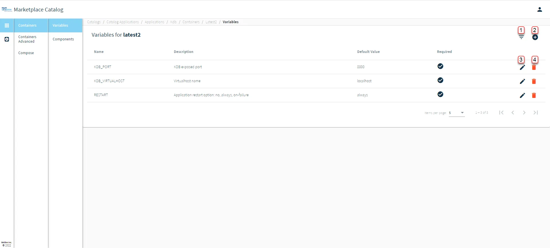 Belden Horizon Data Manager User UI : Marketplace Catalog : Catalog Applications : : Containers/Containers Advanced/Compose : Variables