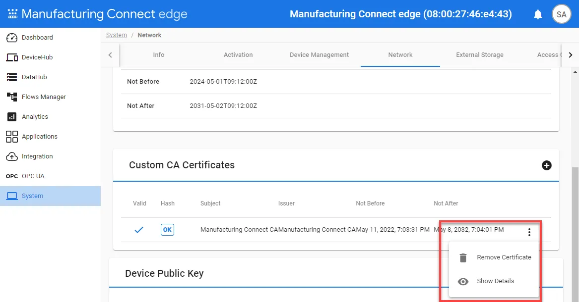 Action menu for Custom CA Certificates