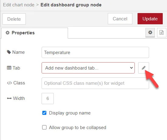 Edit dashboard group node dialog box