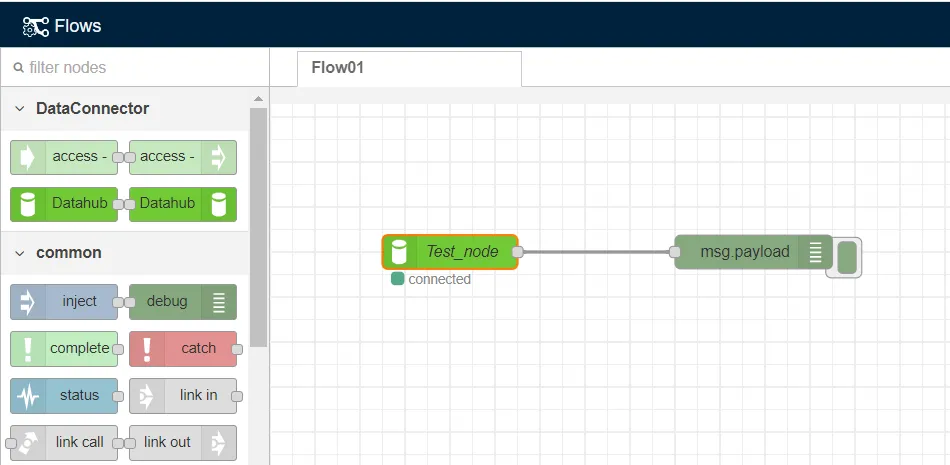 The debug node connected to existing flow