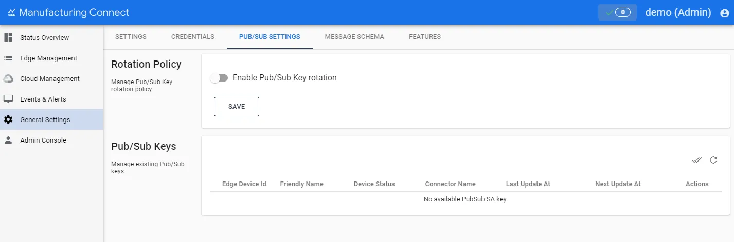 Pub/Sub Settings tab Pub/Sub Settings tab