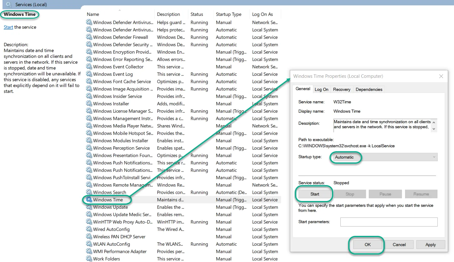 The Windows Time Properties dialog box