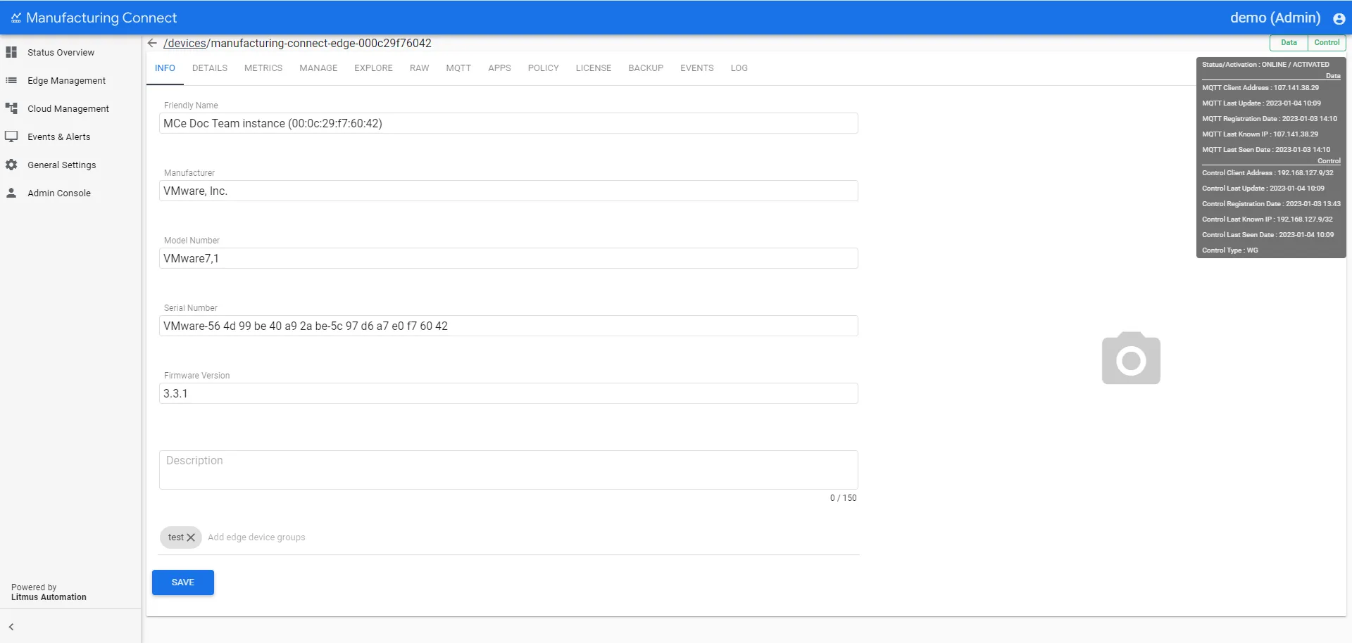 Manufacturing Connect User UI : Edge Device Details