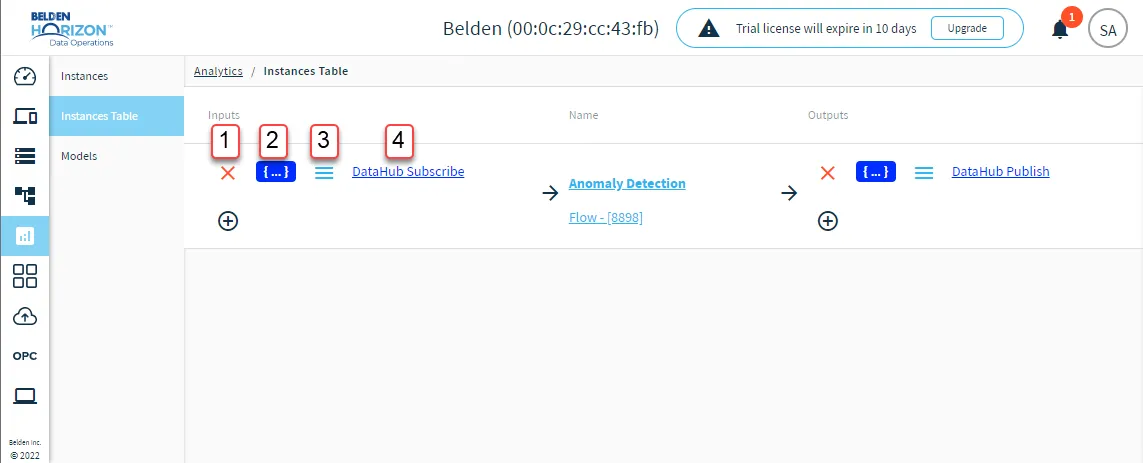 Management options on the Instances Table Management options on the Instances Table