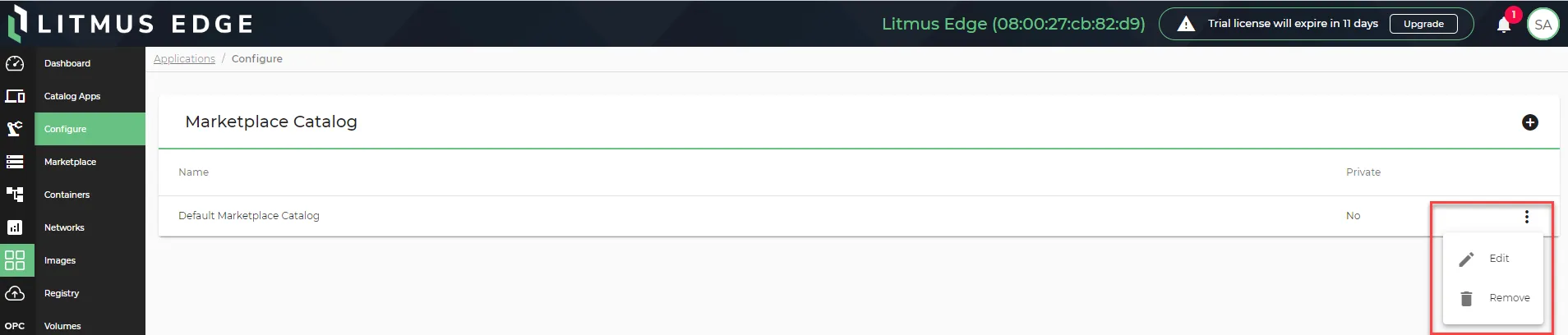 The action menu for a marketplace