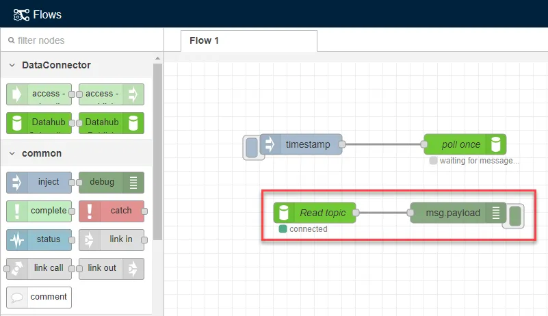 The DataHub Subscribe and debug nodes
