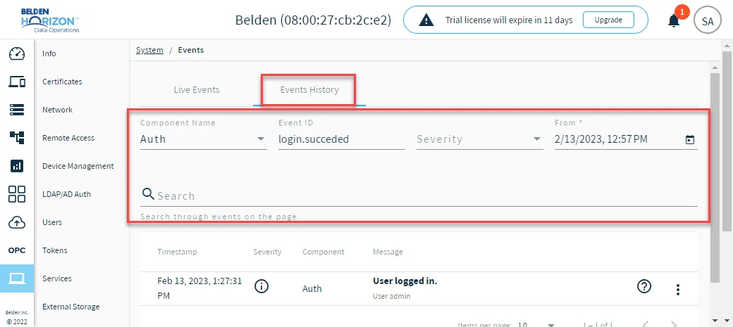 Events History tab Events History tab