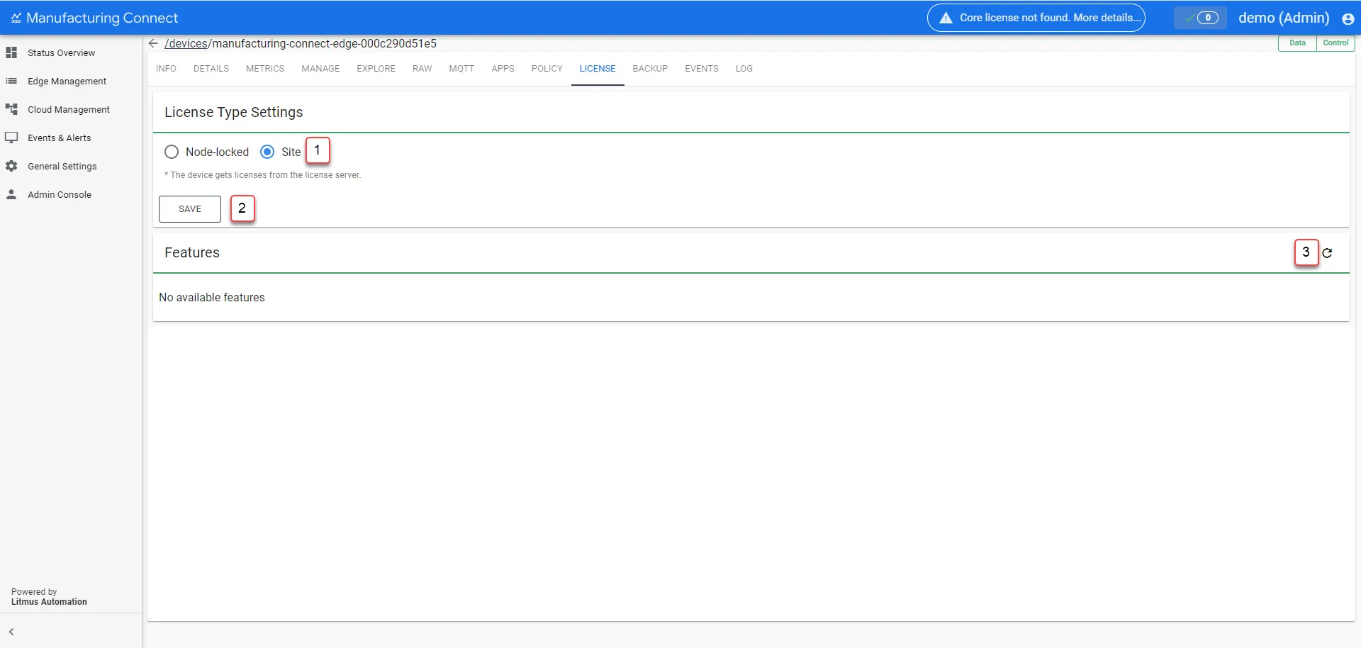 Manufacturing Connect User UI : Edge Device Details : License tab