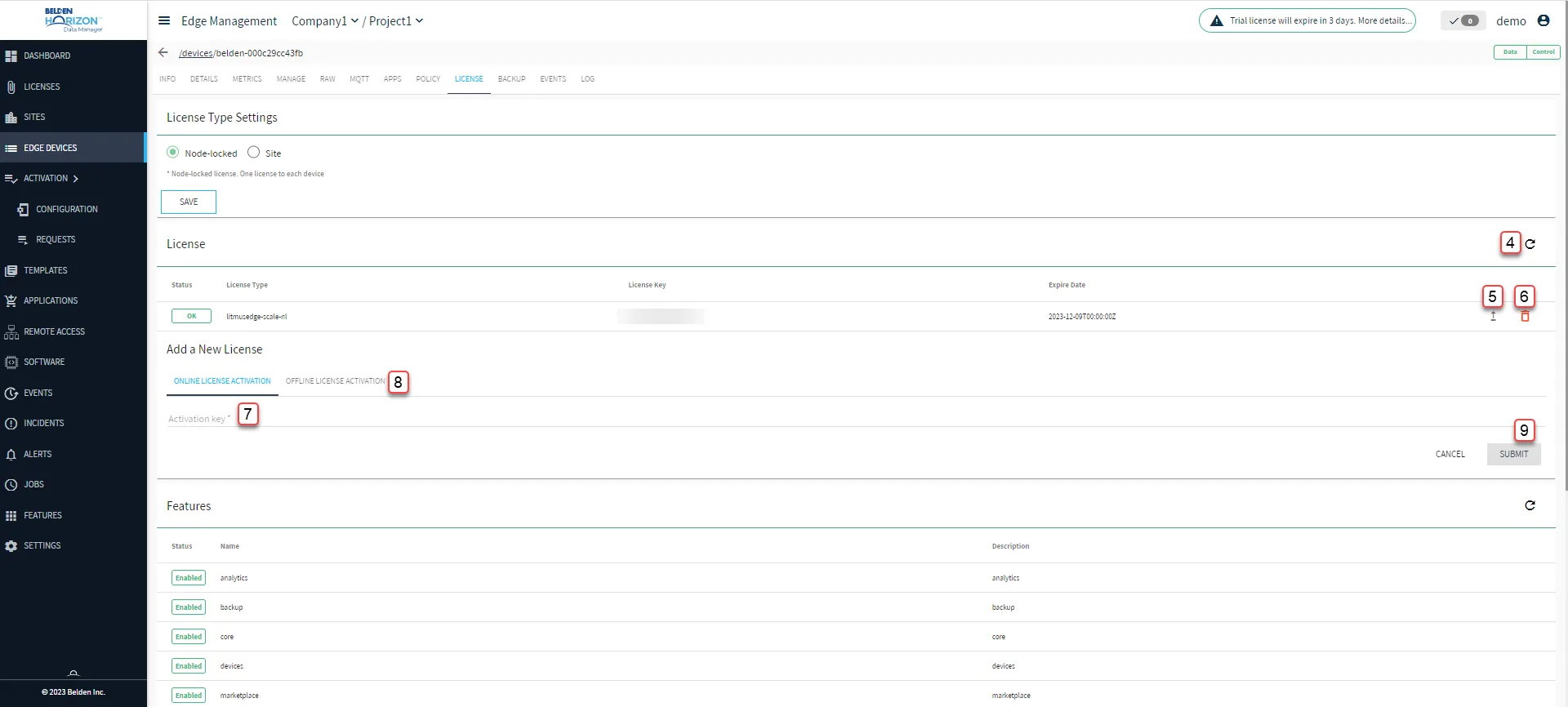 Belden Horizon Data Manager User UI : Edge Device Details : Licenses tab : Node-locked features 1/3 : Online License Activation Belden Horizon Data Manager User UI : Edge Device Details : Licenses tab : Node-locked features 1/3 : Online License Activation