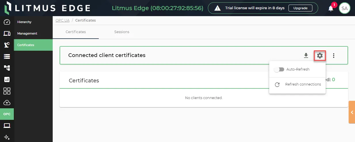Certificate refresh settings icon