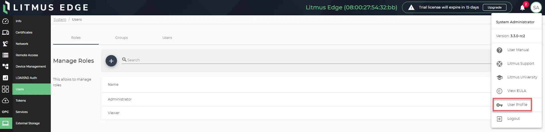 User Profile option User Profile option