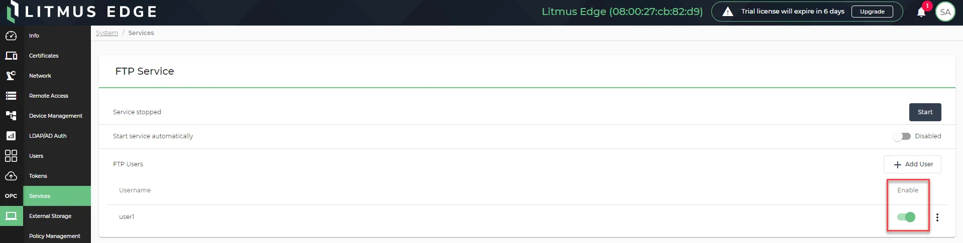 The Enable toggle for FTP Users