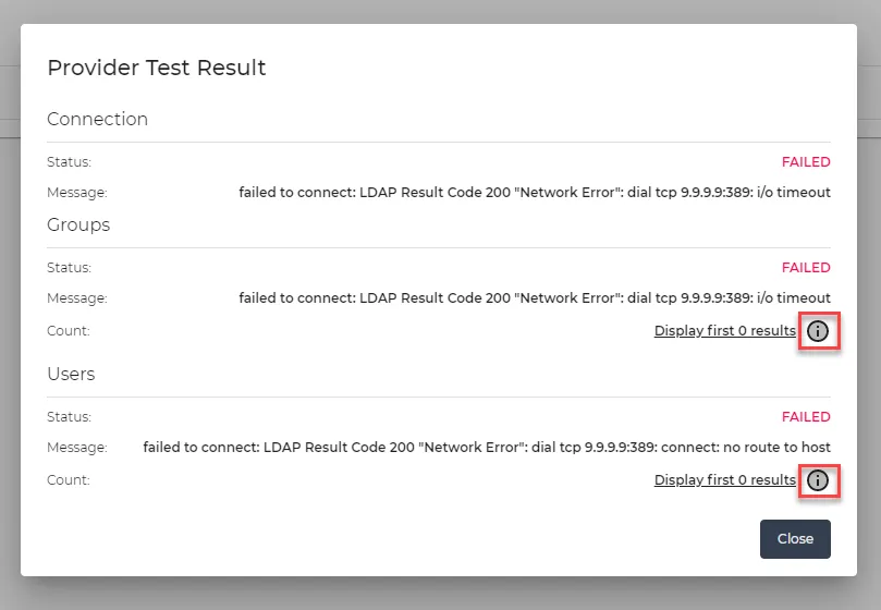The Provider Test Result dialog box The Provider Test Result dialog box