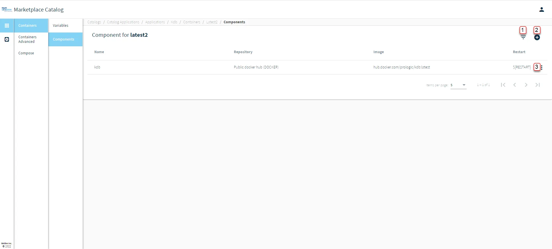 Belden Horizon Data Manager User UI : Marketplace Catalog : Catalog Applications : Containers : Components 