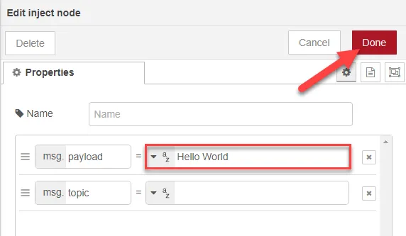 Edit inject node dialog box 