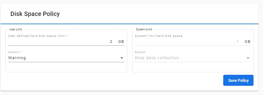 The Disk Space Policy section The Disk Space Policy section