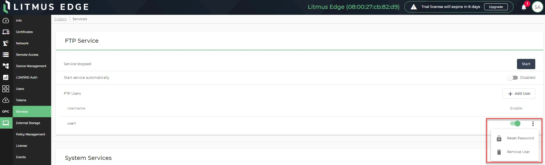 Action menu for FTP users