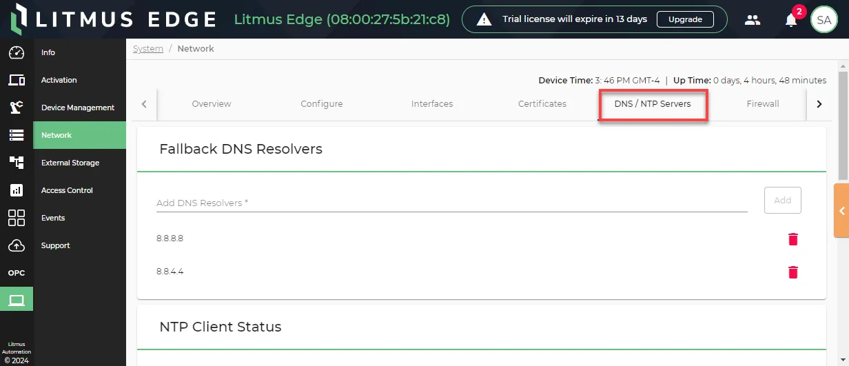 The DNS / NTP Servers tab The DNS / NTP Servers tab