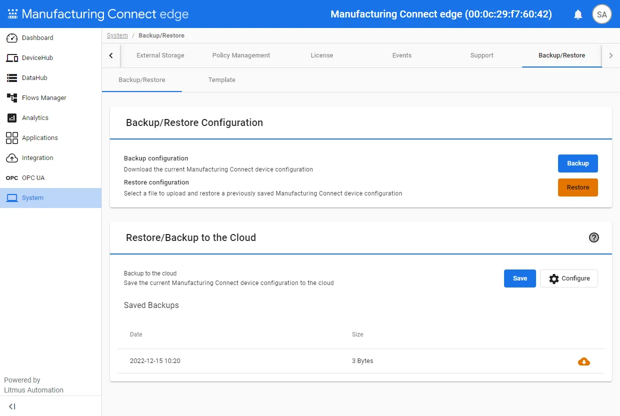Backup/Restore pane Backup/Restore pane