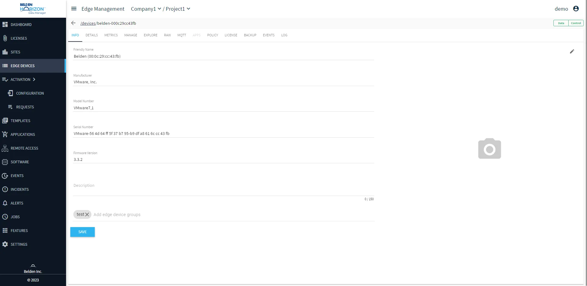 Belden Horizon Data Manager User UI : Edge Device Details Belden Horizon Data Manager User UI : Edge Device Details