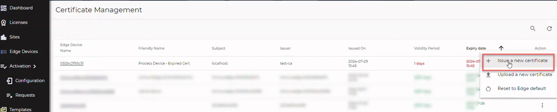 Certificates Management pane