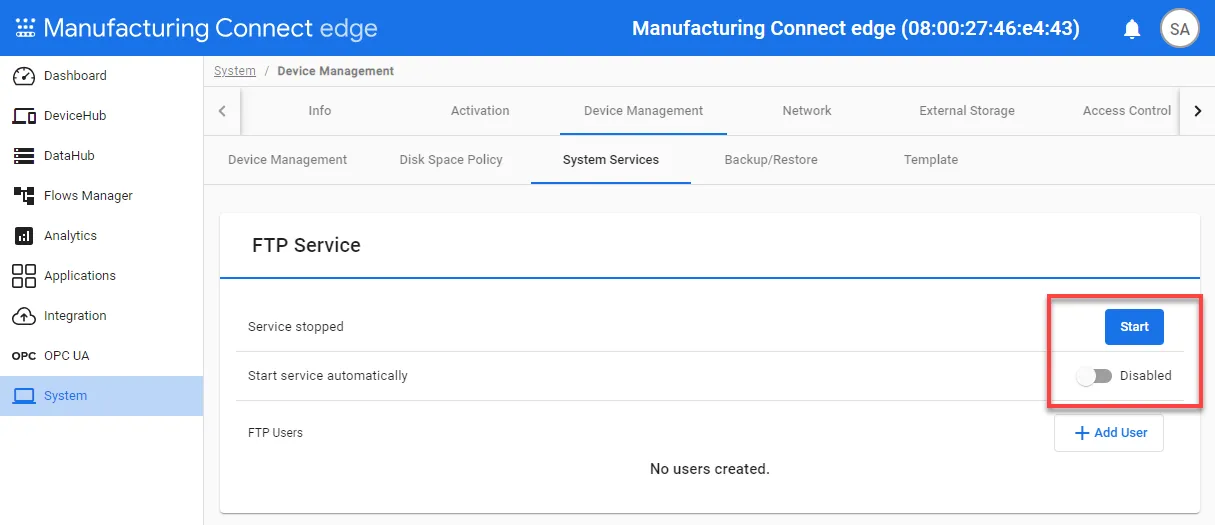 FTP Service management options FTP Service management options