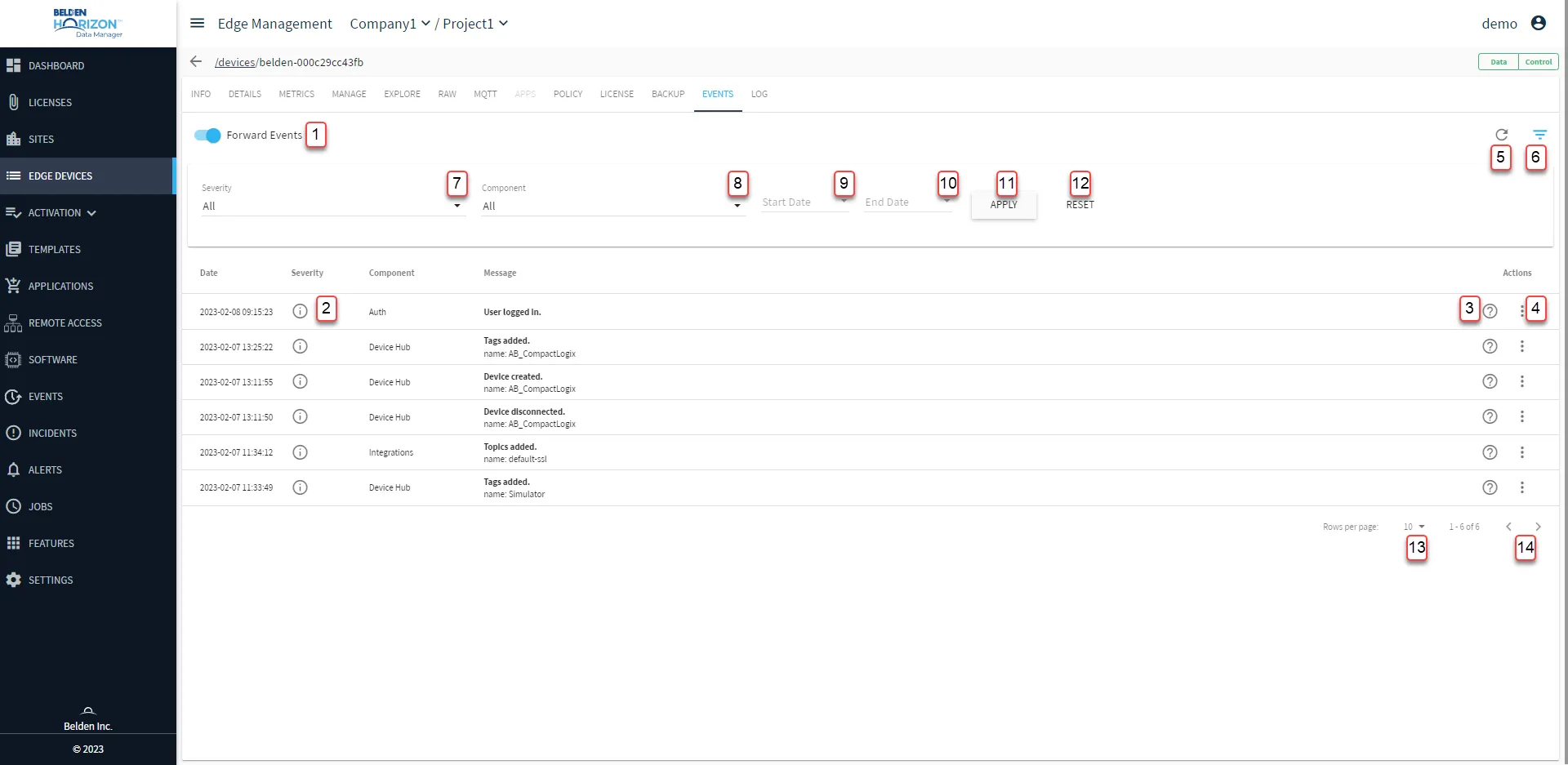 Belden Horizon Data Manager User UI : Edge Device Details : Events tab