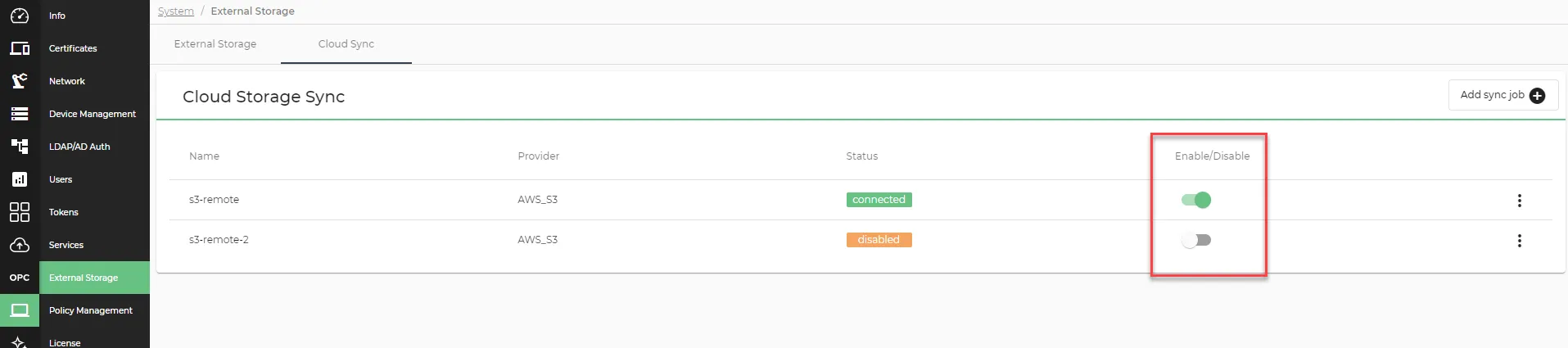 Enable/Disable status for sync jobs