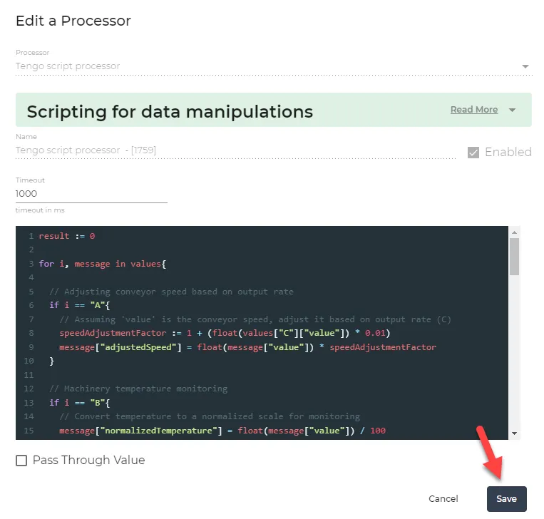 Tengo script processor dialog box