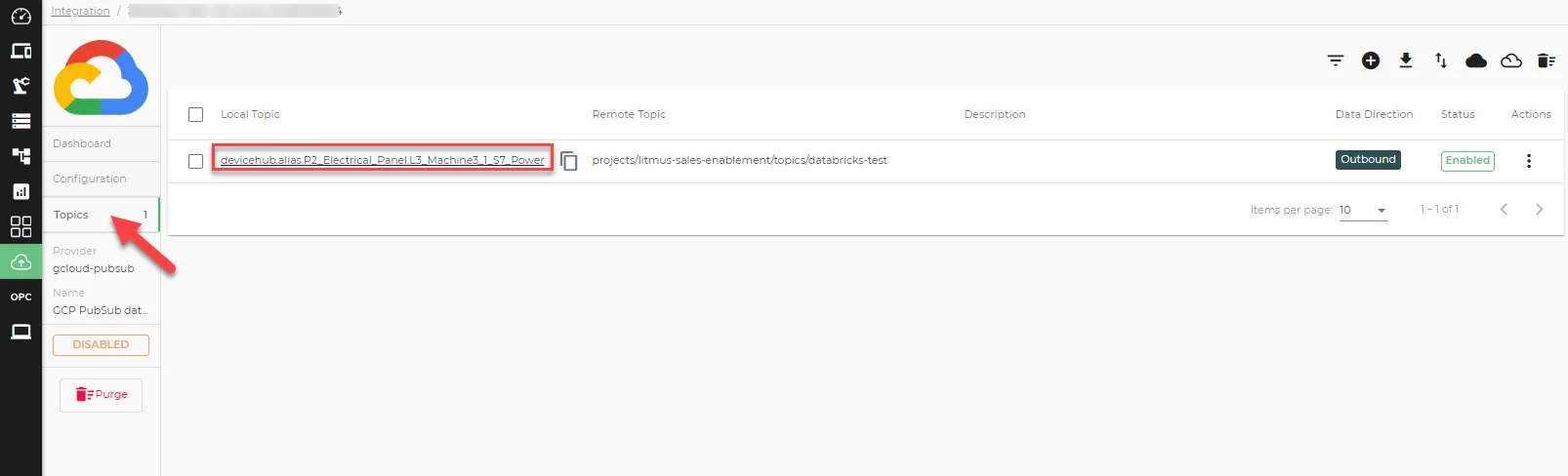 Topics tab in Google Cloud Pub/Sub connector