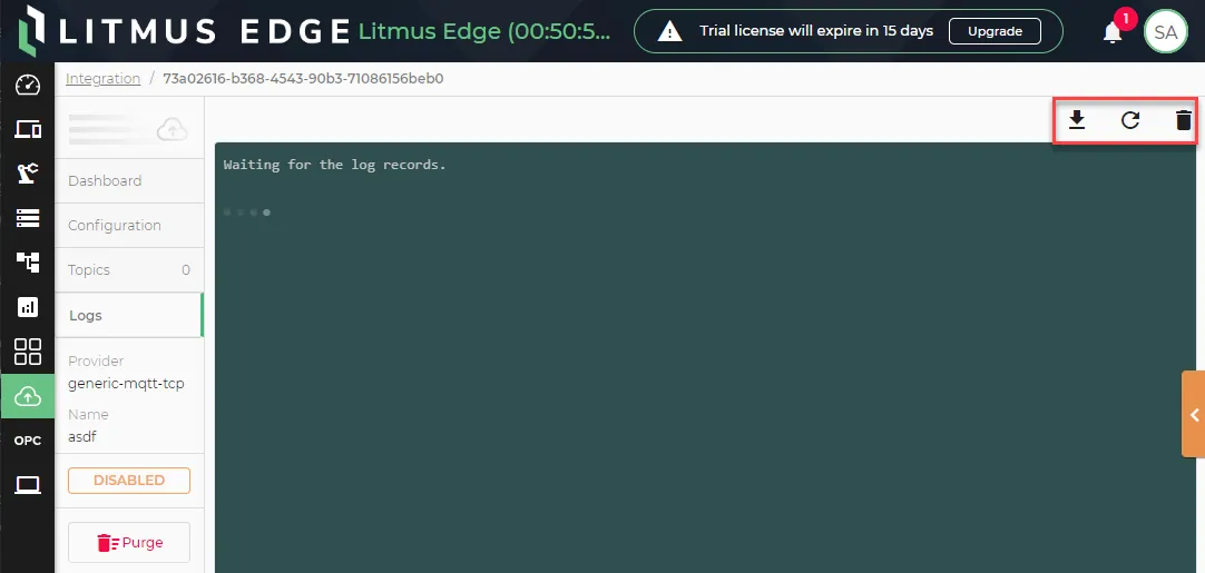 The connector Logs tab