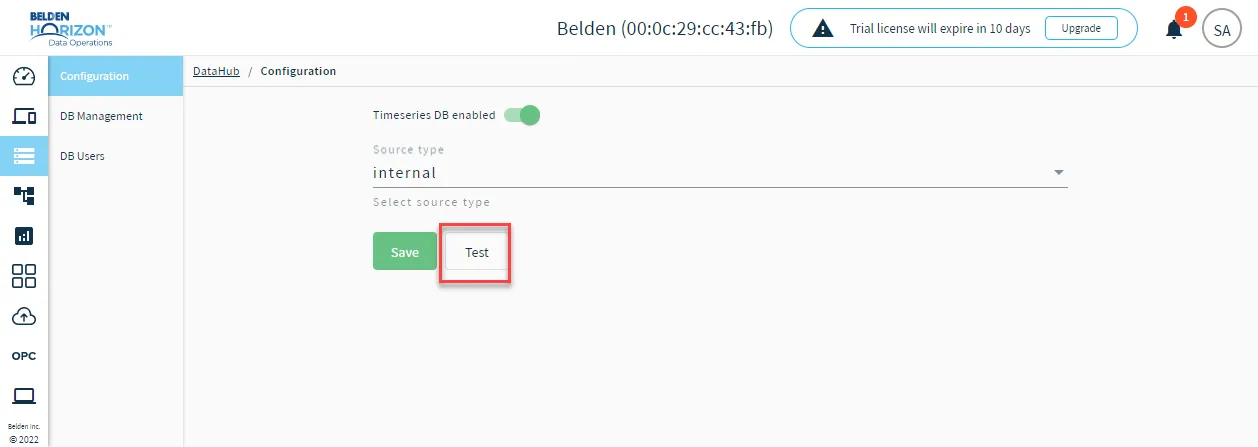 The test Timeseries DB button