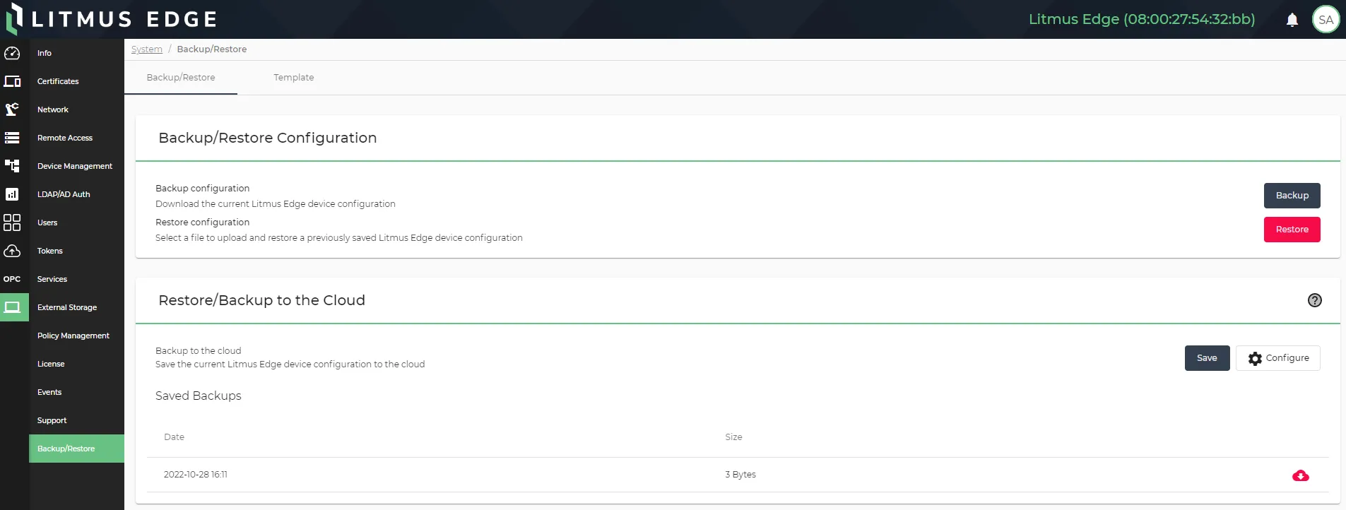 Backup/Restore pane
