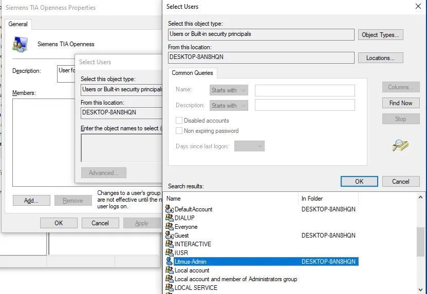 Adding the user to the Siemens TIA Openness group Adding the user to the Siemens TIA Openness group