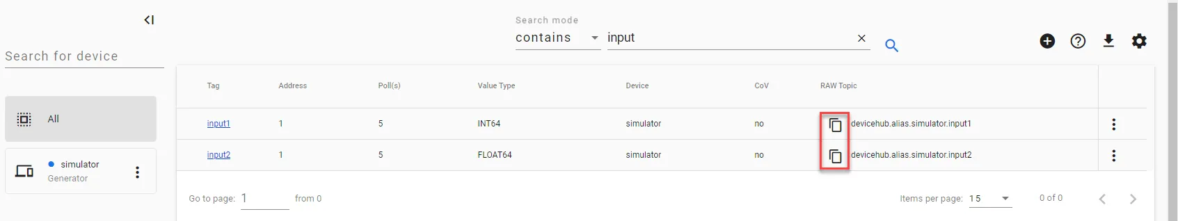 DeviceHub Tags page DeviceHub Tags page