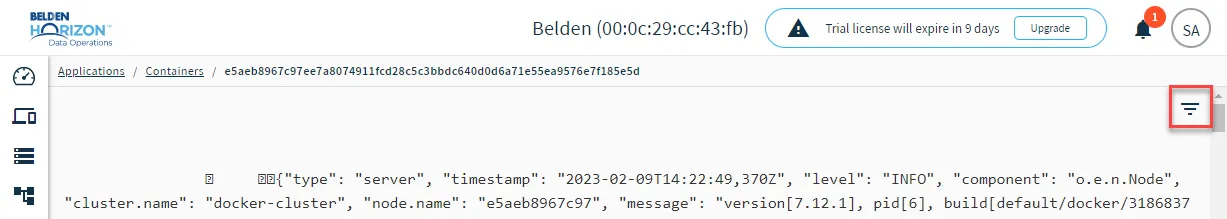 The filter icon for container logs The filter icon for container logs