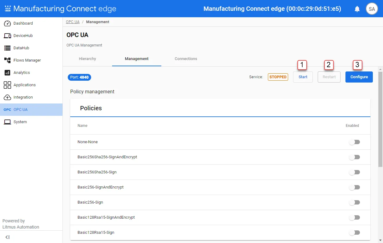 OPC UA Server management options OPC UA Server management options
