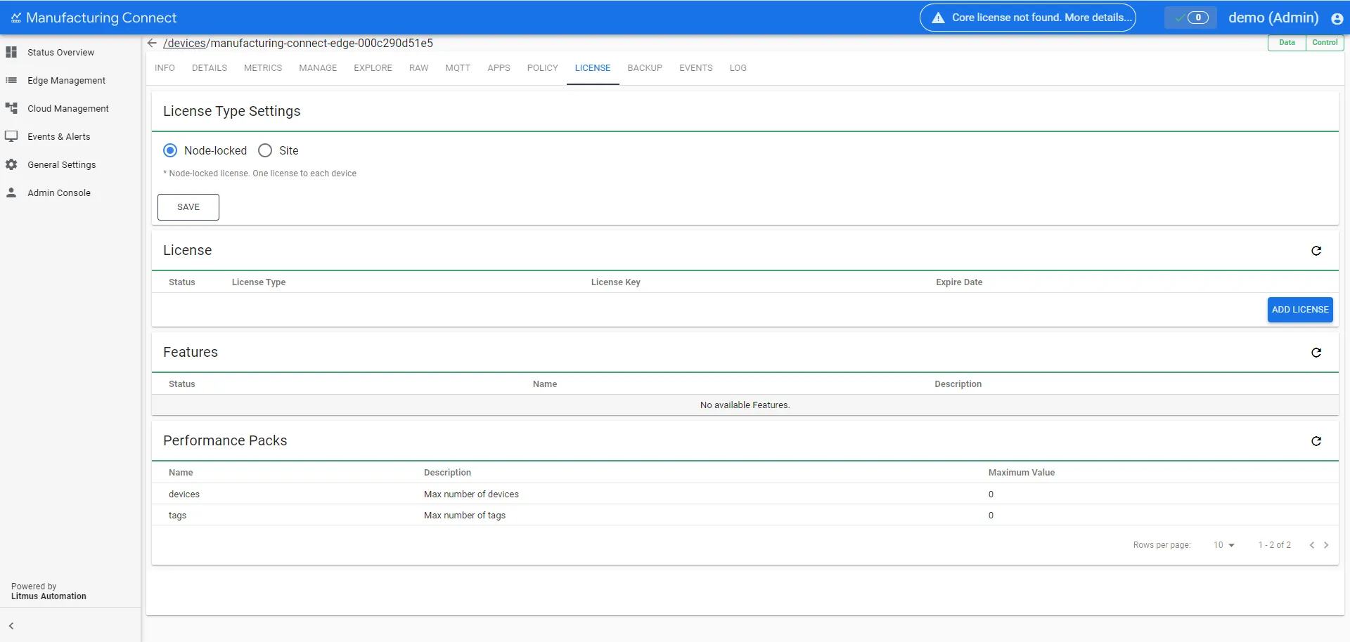 Manufacturing Connect User UI : Edge Device Details : License tab