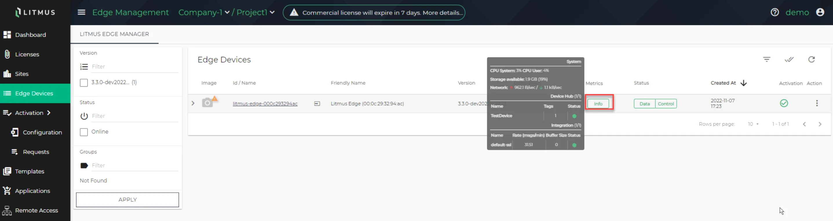 View Edge Metrics tooltip