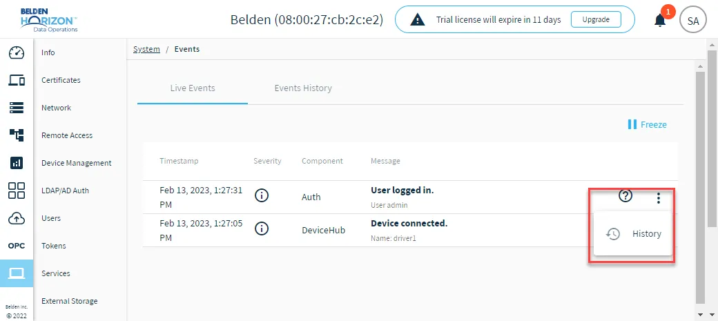The History option for live events The History option for live events