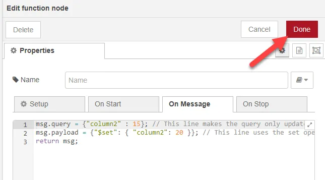 Edit function node dialog box Edit function node dialog box