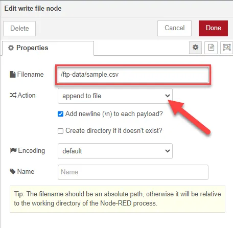Edit write file node dialog box Edit write file node dialog box