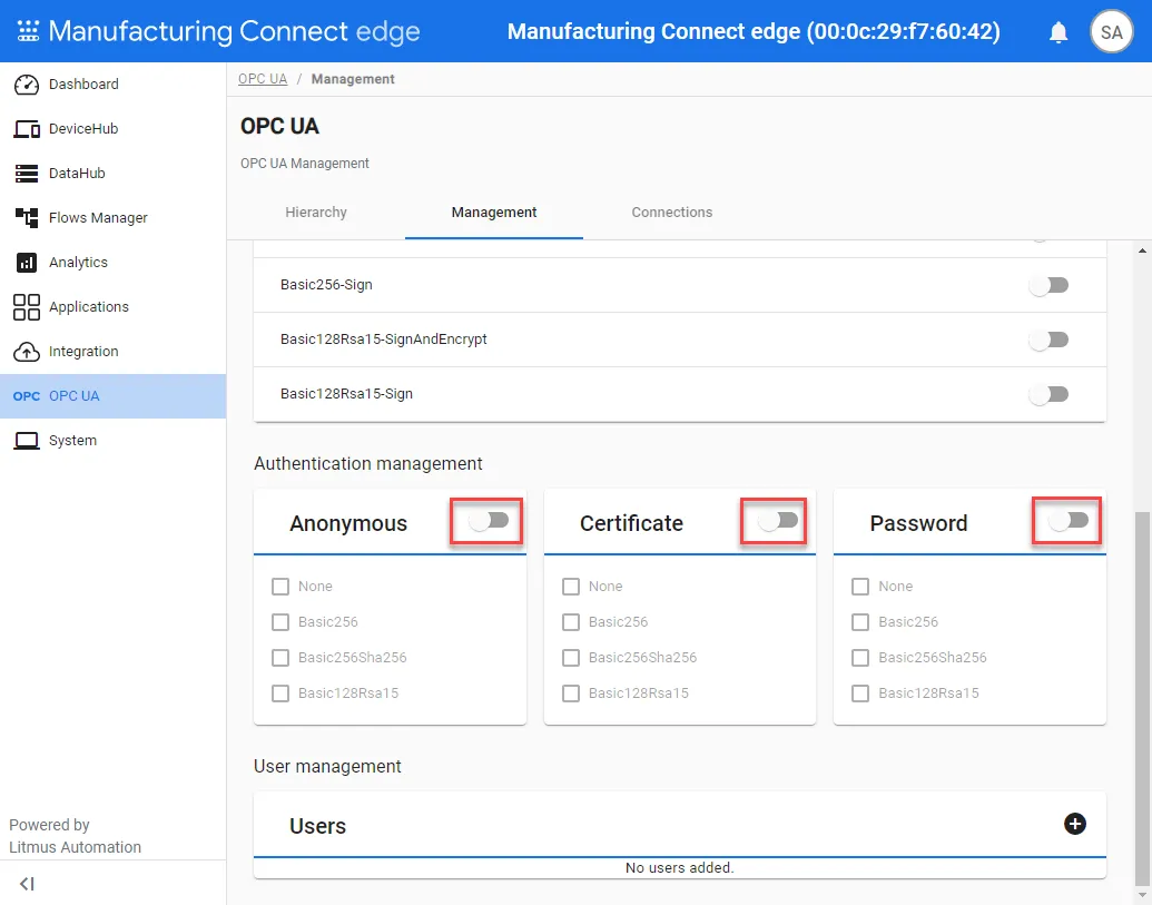 Authentication management toggles