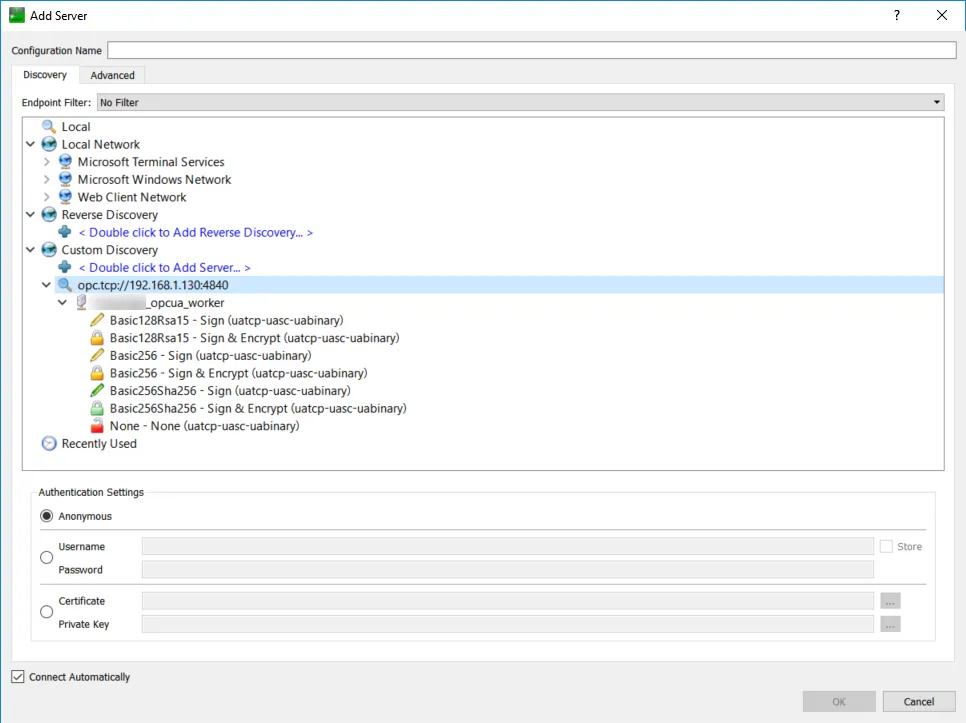 The OPC UA server listed in the Add Server dialog box
