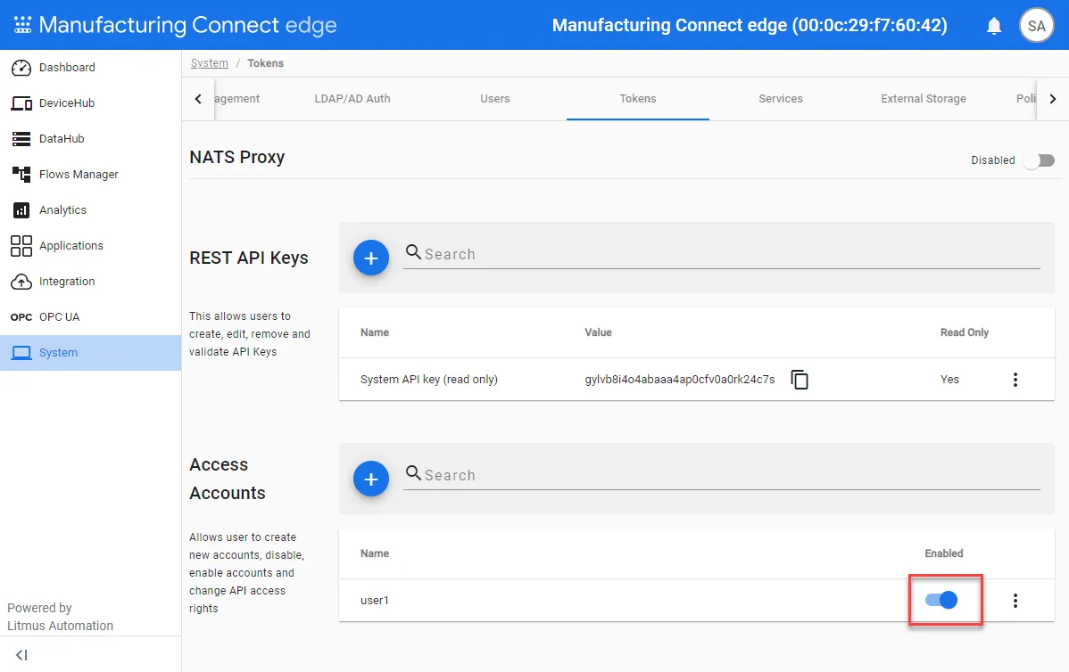 Enable/Disable access account toggle Enable/Disable access account toggle